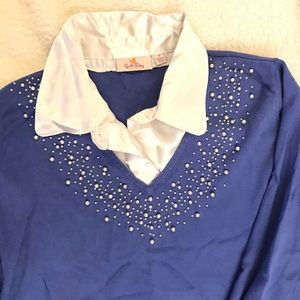 Pearls, blue and white sweater top. Size XL